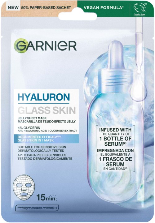 Förpackning för Garnier Hyaluron glasskinnmask med illustration av pipettflaska och text om produkten.