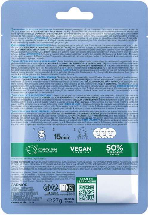 Blå förpackning med text, ikoner och en grön band som visar cruelty-free, vegansk, 50% pappersbaserad och 15 minuters användning.