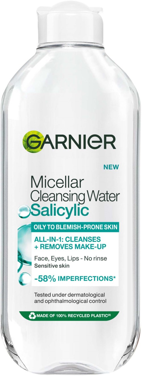 Garnier Micellar Cleansing Water for oily, blemish-prone skin, removes makeup, cleanses, suits sensitive skin, and reduces imperfections.