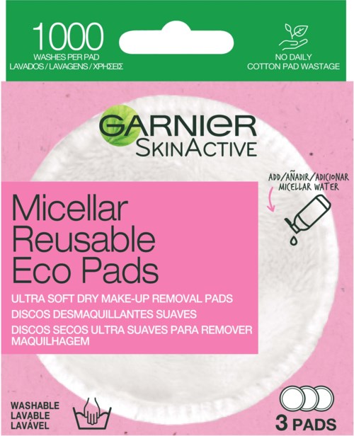A package of 1000 reusable micellar eco pads for makeup removal, soft, washable, with three pads inside.