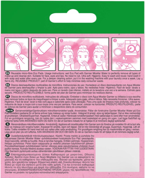 A pink and white diagram showing how to use a reusable micro-fiber wipe for cleaning makeup brushes and removing makeup.