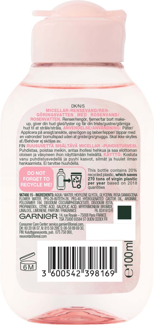 En rosa flaska Garnier micellarvatten med instruktioner, ingredienser, streckkod och produktdetaljer på etiketten.
