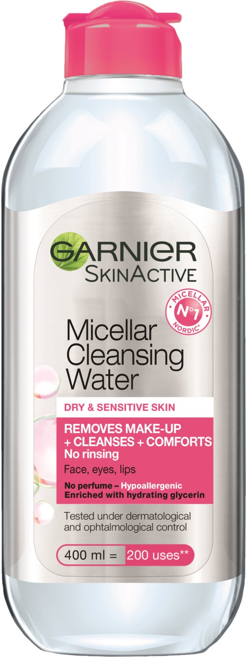 Een doorzichtige fles met roze dop, label toont Garnier-logo, productnaam en voordelen voor gevoelige huid.