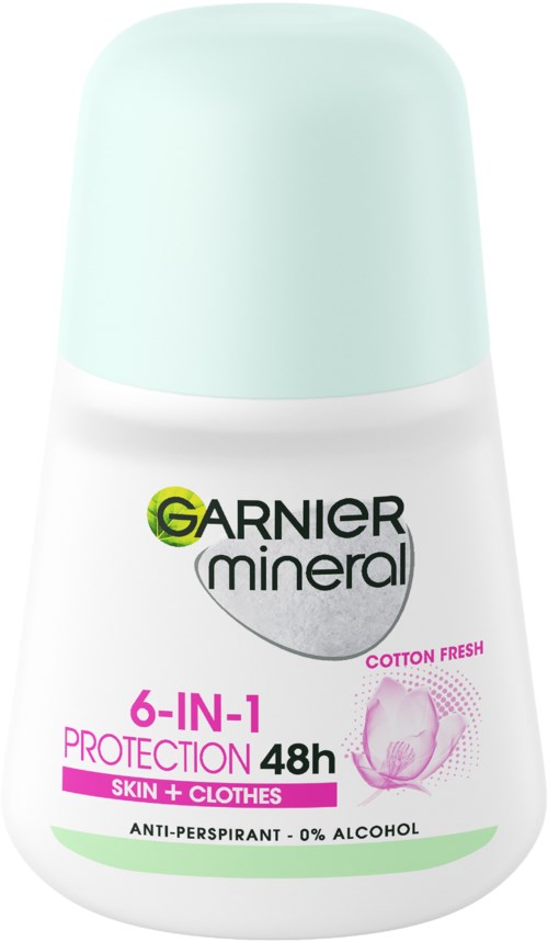 Dezodorant sztyft z zielonym pokrywką, etykieta GARNIER mineral, 6-w-1 ochrona, zapach świeżej bawełny, 48 godzin skuteczności, bez alkoholu.