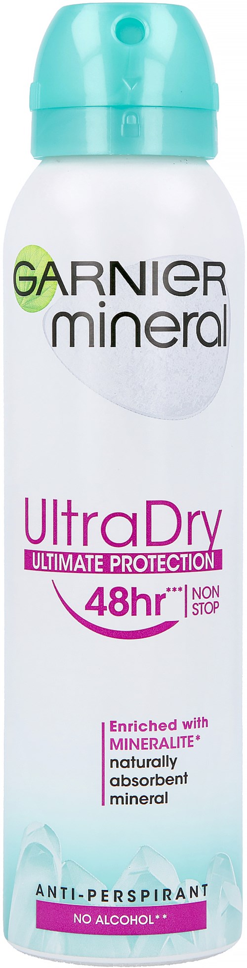 En vit deodorantspray med ljusblå lock, märkt som Garnier Mineral UltraDry med 48-timmars skydd.