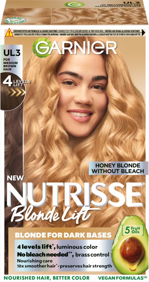 Haarkleurdoos voor blond haar, met een lachende vrouw met lang golvend blond haar en productdetails.