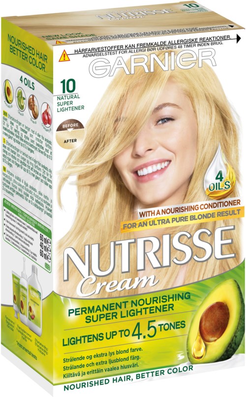 En hårfargeboksillustrasjon med en smilende blond kvinne og informasjon om nærende ingredienser og lysere farge.