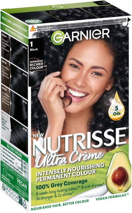 Verpakking van Garnier Nutrisse Ultra Crème haarkleur met een lachende vrouw, tekst over voedende kleur en natuurlijke ingrediënten.