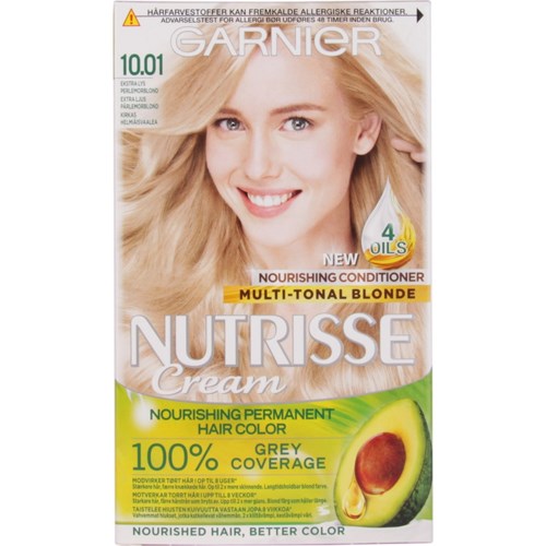 Haarverfverpakking toont een lachende vrouw met blond haar en een avocado. Het vermeldt voedende, permanente haarkleur en grijsdekking.