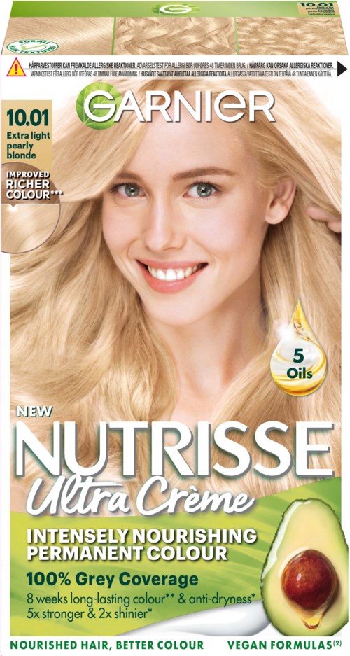A hair dye box with a smiling woman with long, blonde hair. The box shows avocado and cherry for color ingredients.