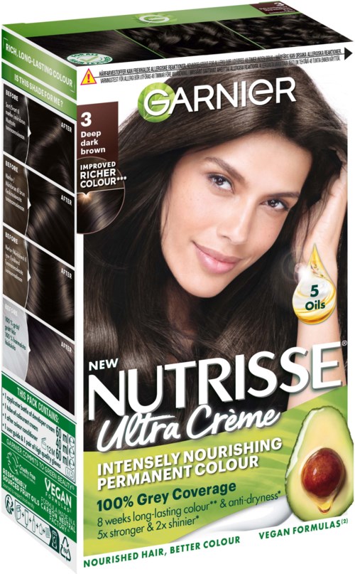 Eine Schachtel Garnier Nutritive Ultra Crème Haarfärbemittel in tiefdunklem Braun, mit einem lächelnden Frau und Avocado mit Kirsche.