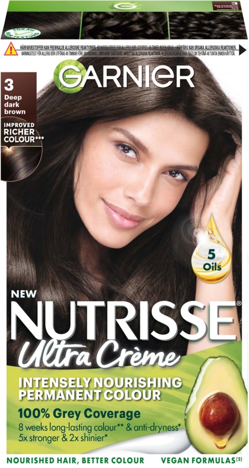 Haarfärbekarton mit einer Frau, die ihr langes dunkles Haar zeigt, Avocado-Bild, Garnier-Logo und Produktdetails.