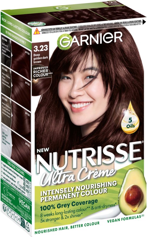 Verpakkingsdoos met lachende vrouw, haarverfnaam en avocado-afbeelding, benadrukt voedende, lange kleuren.