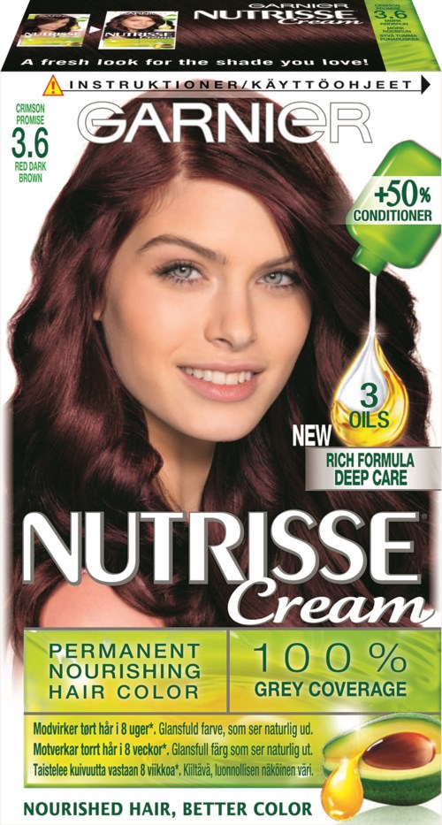En förpackningsbox för Garnier NutriSse Cream hårfärg som visar en kvinna med långt, mörkrött hår och produktdetaljer.