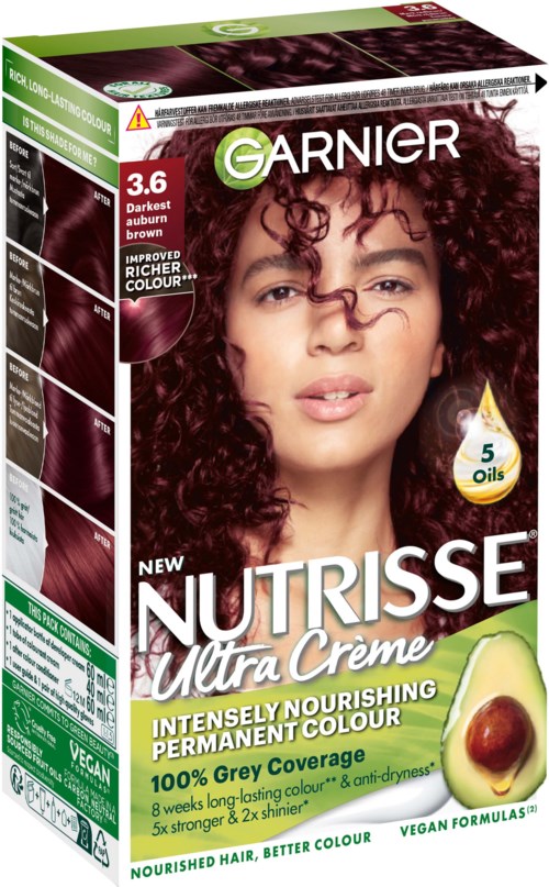 Doos met Garnier Nutriess Ultra Crème haarkleuring, donkerbruin, met een vrouw met krullend haar op de voorkant.