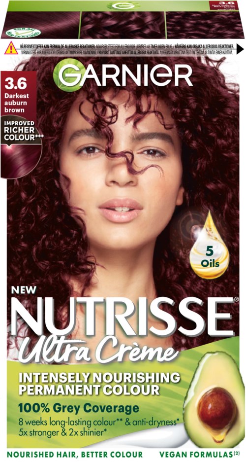 Donkerbruin haarverf met een vrouw met krullend haar en een gesneden avocado.