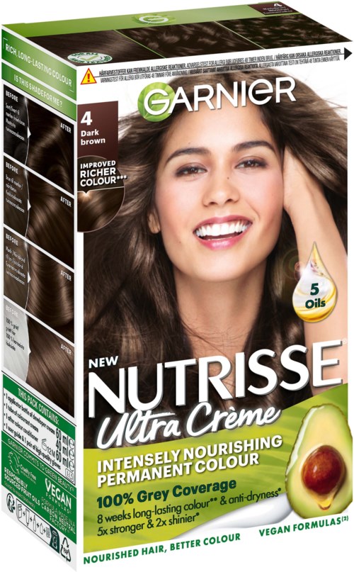 Verpakking van Garnier Nutrisse Ultra Creme haarkleur in donkerbruin, met een lachende vrouw, groene accenten en haarkleurinformatie.