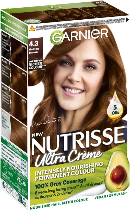 Packung Garnier Nutrisse Haarfarbe in Farbton 4,3 Golden Brown mit lachender Frau auf der Vorderseite.