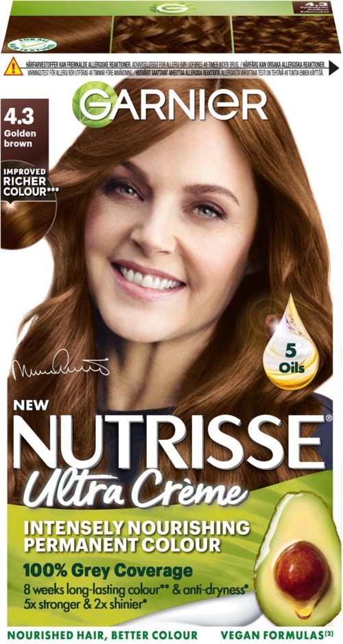 Eine Frau mit braunen Haaren, lächelnd auf einer Haarfärbeverpackung mit der Bezeichnung 'Garnier Nutrisse Ultra Creme'.