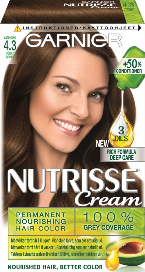 En leende kvinna med brunt hår håller en förpackning av Garnier Nutrisse Cream hårfärgningsmedel, med fokus på 100% grå täckning.