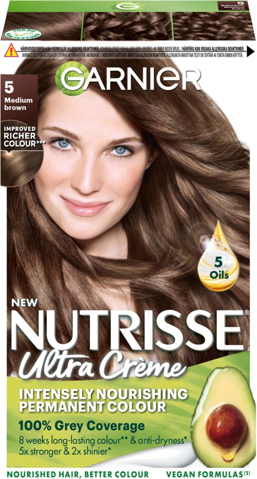 Haarverfverpakking voor Nutrissee Ultra Crème, medium bruin tint, met avocado-afbeelding, benadrukt natuurlijke, langdurige kleur en voedende voordelen.