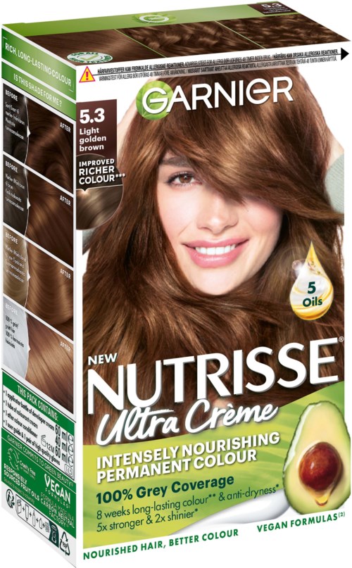 Doos Garnier NutriSse haarverf, lichtbruin tint, met lachende vrouw, avocado en haarverfvoordelen.