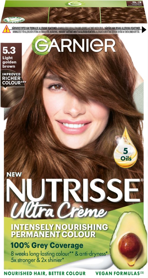 Een haarverfdoos toont een glimlachende vrouw met lang, bruin haar, en een avocado afbeelding. Merk is Garnier Nutrisse Ultra Crème.