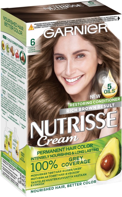 En kartong av Garnier NutriSse hårkräm med en leende kvinna och avokadobild, framhäver fördelar för hårhälsa.