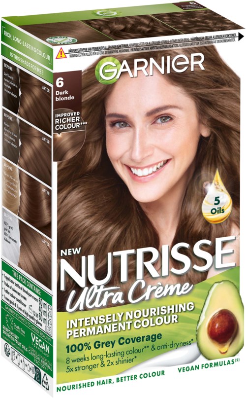 Doos toont een vrouw met lang bruin haar die glimlacht. Het is Garnier haarkleuring verpakking voor donkerblond, ultra crème, permanente kleur.