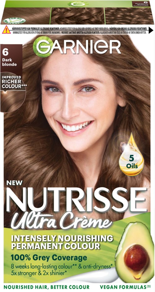 Garnier Nutrisse Ultra Crème haarverf, toont een lachende vrouw met bruin haar en een avocado met oliedruppels.