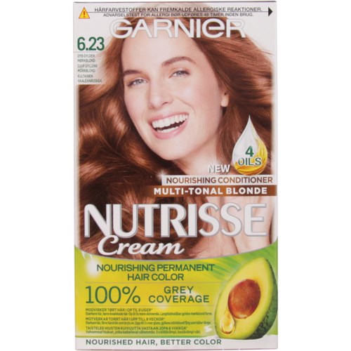 Nutrisse Cream hårfärgspaket med en leende kvinna, avokadobild och oljeikoner, som marknadsför närande permanent hårfärg.