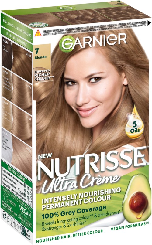Packaging of Garnier NutriSé Ultra Crème hair dye with a smiling woman, highlighting blonde color, oils, and vegan formula.