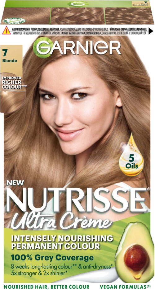 Hair dye box with a smiling woman, showcasing blonde hair and avocado image. Contains product details and branding.