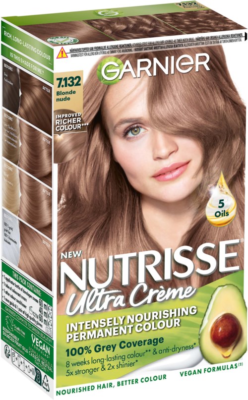 Verpackung von Garnier Nutriöse Ultra Crème Haarkur mit einer Frau, die glänzendes, hellbraunes Haar zeigt.