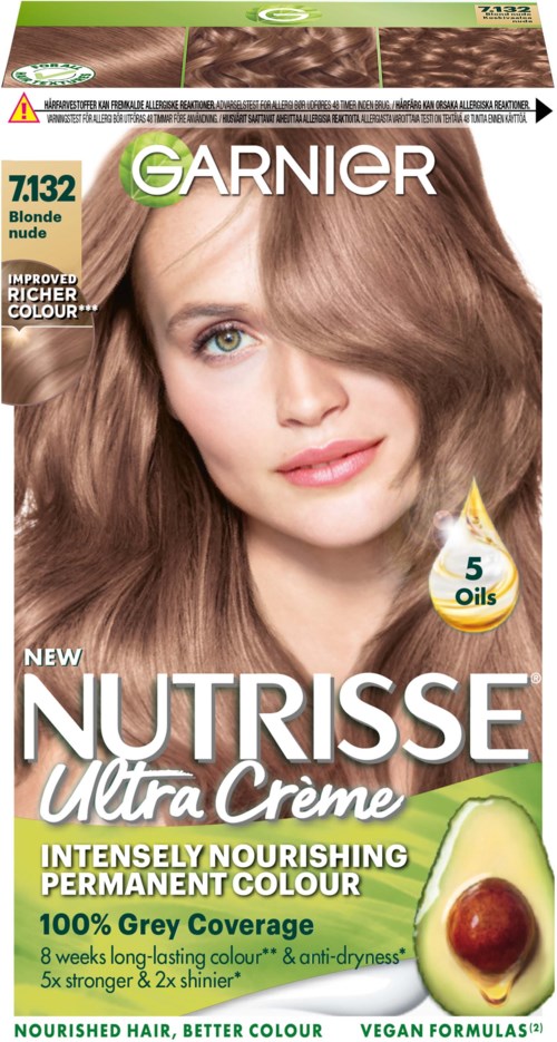 Eine Haarfärbekarton zeigt eine Frau mit hellbraunen Haaren und hebt Produkteigenschaften wie nährende Farbe und Avocado hervor.