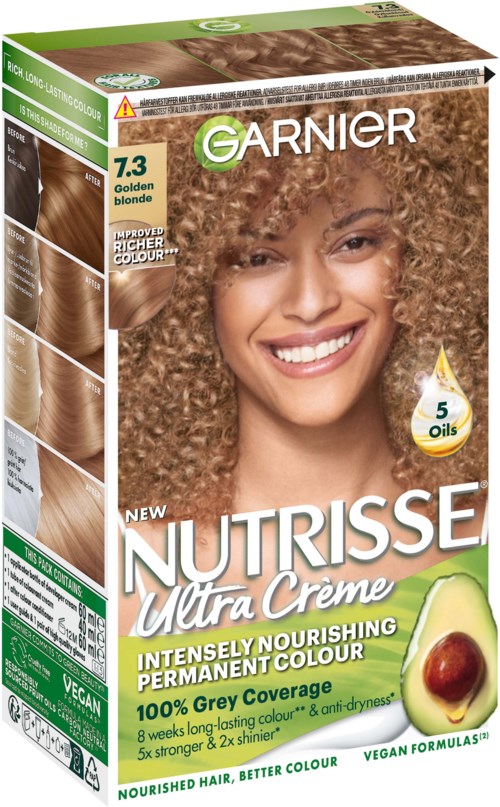 Haarfärbekarton mit lächelnder Frau, grün-weiße Farben, hebt "Nutrisse Ultra Creme" und "permanente Farbe" hervor.