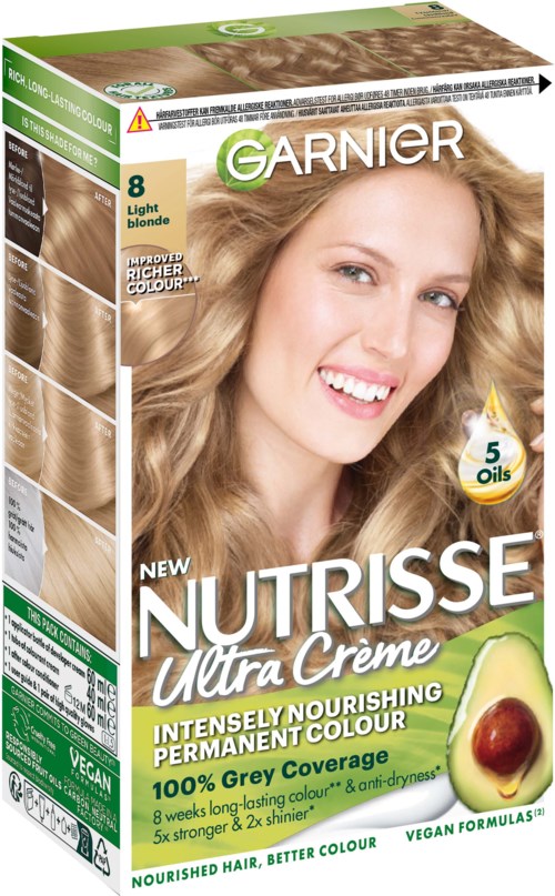 Garnier Haartönungsbox mit einer lächelnden Frau mit blonden Haaren, grünen und weißen Texten und einem Avocado-Boto.