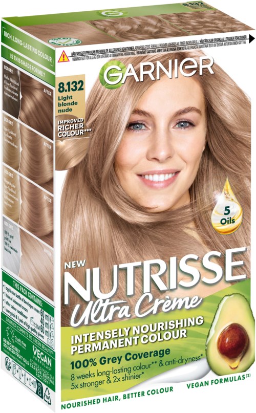 Eine Haarfärbekarton zeigt eine lachende Frau mit blondem Haar, Avocado und Ölsymbole, Produktdetails.