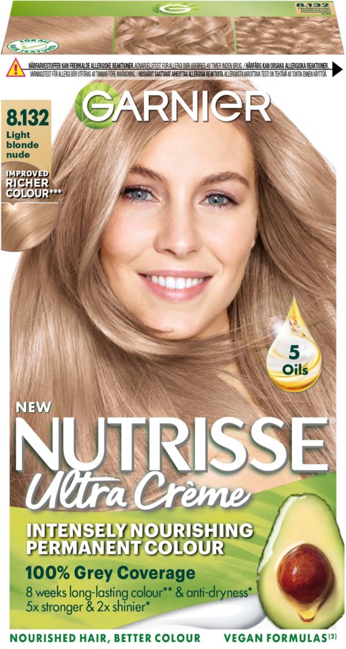 Haarfärbebox mit lächelnder Frau, hellblondem Haar, Avocado-Bild und Produktdetails in Grün und Weiß.