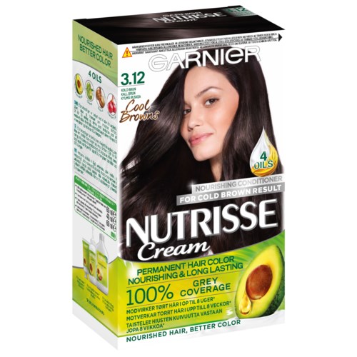 Förpackning av Garnier Nutrisse hårfärg för mörkbrunt, med bild av en kvinna med glänsande, mörkbrunt hår.