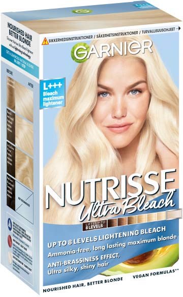 A box of Garnier Nutrisse Ultra Blonde hair dye with a woman with blonde hair on the front.
