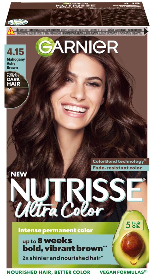 Verpakkingsdoos voor Garnier haarverf met een lachende vrouw met donkerbruin haar, benadrukt productkenmerken en kleur.