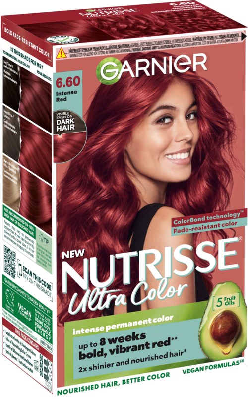 Verpackung von Garnier Haarfärbemittel mit einer lächelnden Frau mit leuchtend rotem Haar und Text zu Farbe, Inhaltsstoffen und Vorteilen.