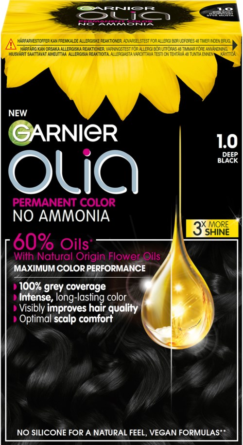 Hair dye package with information about coloring, no ammonia, natural oils, deep black color, and long-lasting results.