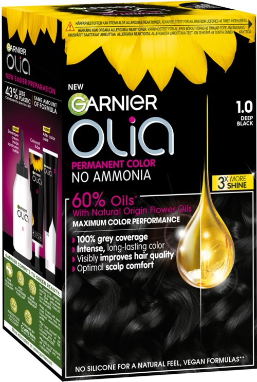 A box of Garnier Olia permanent hair color, dark black, with sunflower accents and a drop of color, highlighting oil content.