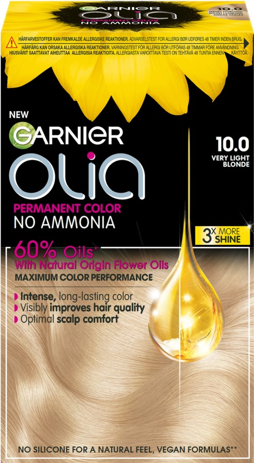 Een haarverfdoos met zonnebloem, Garnier Olia branding en informatie over permanente, ammoniakvrije haarverf.