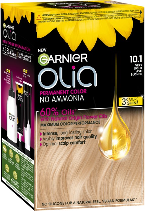 A box of Garnier Olia permanent hair color, blonde shade, featuring a sunflower design and info about oil-based formula.