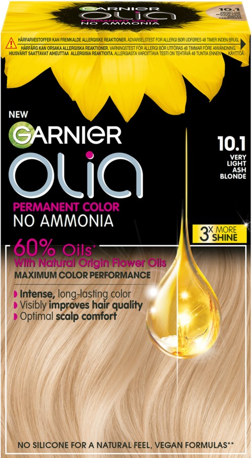 Hair dye box with a sunflower design, highlighting permanent color, no ammonia, and 60% more shine. Contains natural oils.