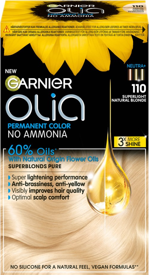 Garnier Olia hair dye packaging, bright yellow sunflower design, mentions no ammonia, 60% natural oils, super light blonde, vegan.