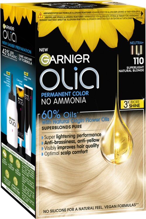 Garnier Olia permanent hair dye box with yellow sunflower design, highlighting natural blonde shade and oil ingredients.